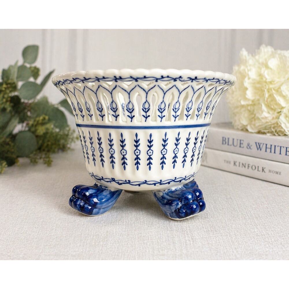 Bombay Blue White Footed Pierced Ceramic Cachepot Planter Bowl